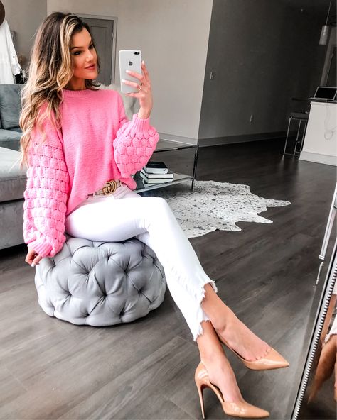 Vday Outfit, Pink Lily Boutique, Chick Flicks, Valentine's Day Outfit, Gucci Belt, Pink Lily, White Pants, Pink Sweater, White Jeans