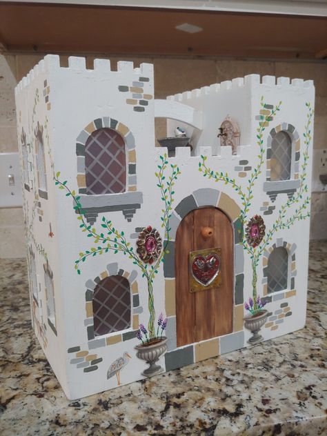 Castle Dollhouse Ideas, Diy Play Castle, Painted Wooden Castle, Diy Castle Dollhouse, Wooden Castle Painting Ideas, Michaels Wooden Castle, Doll House Castle, Michaels Castle Dollhouse, Wooden Castle Dollhouse