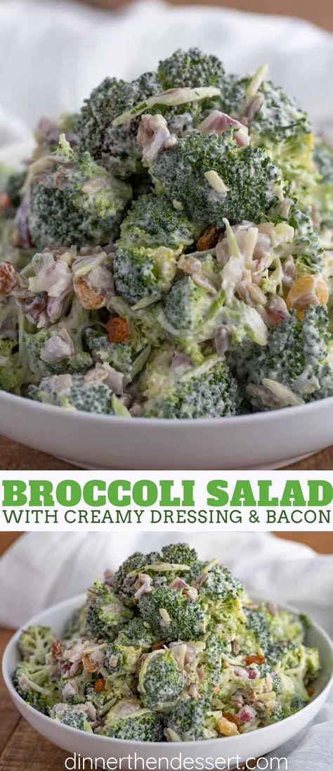 Broccoli Salad is an easy summer salad with raisins, bacon and sunflower seeds for your barbecues, picnics, and summer potlucks that can sit without wilting! #broccoli #bacon #salad #summer #sides #creamy #classic #sunflowerseeds #southern #dinnerthendessert Salad With Raisins, Broccoli Salad With Raisins, Lunch Saludable, Best Broccoli Salad Recipe, Easy Summer Salad, Easy Broccoli Salad, Broccoli Bacon, Salad Cucumber, Broccoli Cauliflower Salad