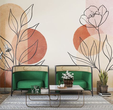 Diy Living Room Wall Painting Ideas, Aesthetic Wallpaper For Wall Decor, Boho Mural Wall Painting, Living Room Wall Mural Ideas, Office Wall Art Creative, Wallpaper For Drawing Room, Easy Mural, Easy Wall Murals, Art Wall Living Room