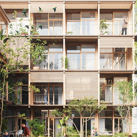 Co-Housing | Madrid | Spain on Behance Architecture Facade Design, Renovation Facade, Social Housing Architecture, Housing Architecture, Architecture Facade, Co Housing, Mount Baker, Collective Housing, Timber Architecture