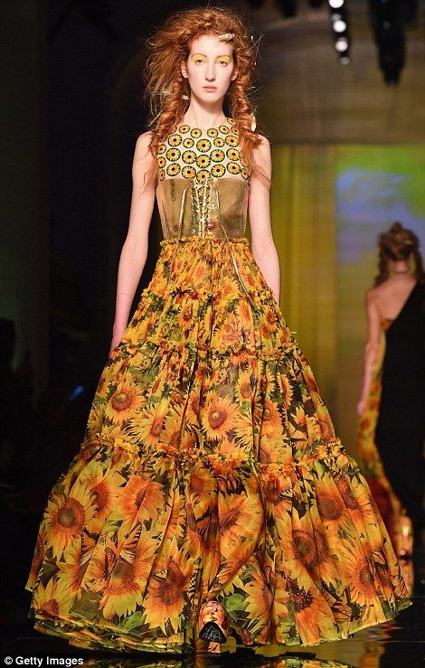 Flower power: Fields of sunflowers and poppies provided the natural prints for other gowns... Sunflower Fashion, Nature Inspired Dress, Designer Jeans, Jean Paul, Inspired Dress, Jean Paul Gaultier, Couture Collection, Van Gogh, Runway Fashion