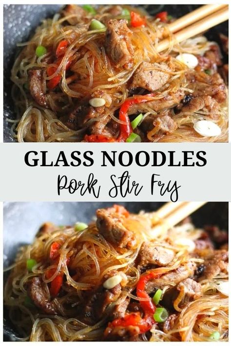 Asian Pork And Noodle Recipes, Thai Pork Noodle Soup, Clear Noodles Stir Fry, Chinese Glass Noodles, Stir Fry Glass Noodles Recipe, Chinese Pork Noodles, Pork Vermicelli Recipes, Transparent Noodles Recipes, Asian Street Noodles