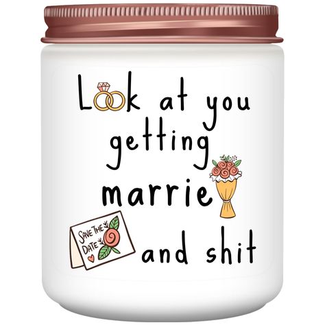 PRICES MAY VARY. Bridal Shower Gifts: This funny lavender scented candle gift comes with a humorous make-her-have-a-good-laugh-ha-ha-ha phrase: look at you getting married and shit! Is a real attention-getting gift that newlyweds and couples will love. These would be the best unique wedding gifts, bridal shower gifts for bride, bride to be gifts, engagement gifts for couples, bride gifts, bachelorette gifts for bride, and engagement gifts for her. She will be smiling with joy on this special day Bride Gifts For Wedding Day, Bridal Shower Gifts Cricut, Cricut Bride Gifts, Unique Engagement Gifts For Couple, Best Friend Wedding Gift For Bride, Gift Basket For Wedding, Wedding Basket Gift, Personal Wedding Gifts, Engagement Party Gift Ideas