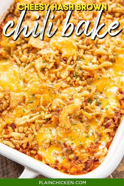 Cheesy Hash Brown Chili Bake - comfort food at its best! Super easy to make with only a few simple ingredients. The whole family cleaned their plate and went back for seconds. Ground beef, chili, sloppy joe sauce, hash browns, cheese, and french fried onions. Can assemble the casserole ahead of time and refrigerate or freeze for later. Chili night never tasted so good! Chili Hashbrown Casserole, Plain Chicken Recipe, Chili Bake, Chili Casserole, Sloppy Joe Sauce, Ground Beef Chili, Casserole Side Dishes, Cheesy Hashbrowns, Hashbrown Casserole