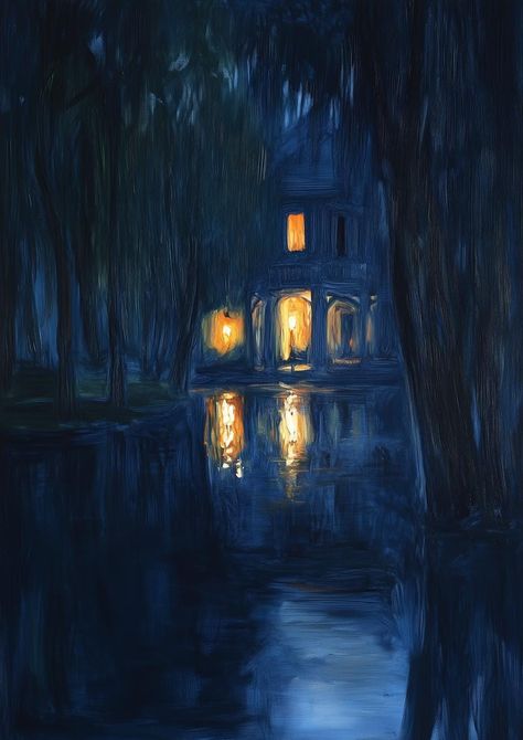 This striking artwork captures a serene nighttime landscape inspired by the style of Vincent van Gogh. The canvas print features deep hues of blue that evoke a tranquil atmosphere, complemented by the warm glow of illuminated windows reflecting on the water's surface. The painterly brush strokes highlight the movement of the night, while the surrounding trees create an almost ethereal feel to the scene. It's perfect for adding a calming presence to your home decor, inviting warmth and artistry into any space. Our custom canvas and digital print brings you an original piece that not only pays homage to the renowned artist but also showcases our unique creative vision. The contrast between the cool tones and the golden lights draws the viewer in, making it an ideal focal point for living roo Vincent Van Gogh Paintings Wallpapers, Dark Gouache Painting, Night Digital Painting, Deep Blue Aesthetic, Nighttime Painting, Dark Blue Painting, Atmospheric Drawing, Night Drawings, Blue Landscape Painting