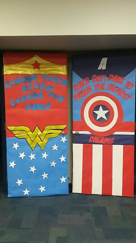 Wonder Woman Captain America classroom door Superhero Classroom Door, Daycare Thanksgiving, Superhero Teacher Appreciation, Superhero Door, Hero Classroom Theme, Teacher Door Decorations, November Bulletin Boards, Superhero School, Teacher Appreciation Doors