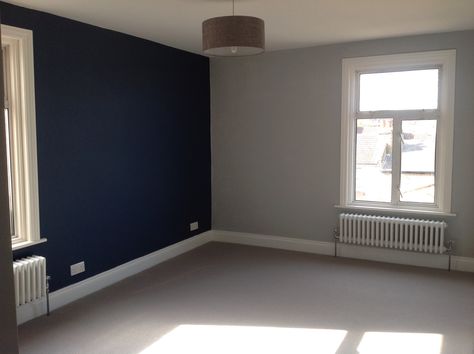 Now to furnish... Light rain and Breton blue walls with white woodwork Dark Blue Gray Bedroom Walls, Blue And Grey Bedroom Walls, Grey And Blue Walls, Blue And Grey Walls, Boys Bedroom Color Schemes, Grey Painted Rooms, Grey Boys Rooms, Blue Gray Bedroom, Mens Room Decor