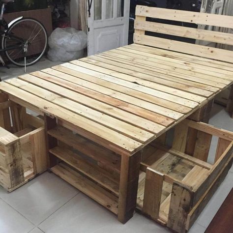 Pallet Bed Frame with Storage Pallet Furniture Bed, Pallet Bed Frame Diy, Wooden Pallet Beds, Wood Pallet Beds, Pallet Bed Frames, Pallet Bed Frame, Bedroom Furniture Ideas, Diy Pallet Bed, Pallet Beds