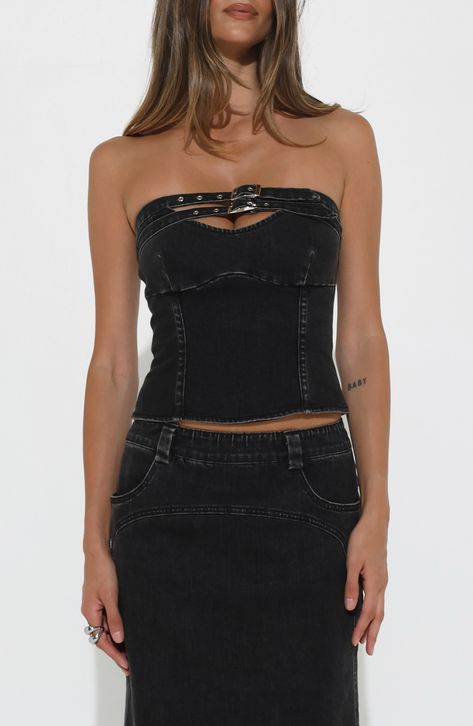 BY.DYLN Jiya Denim Top available at #Nordstrom Black Denim Corset, Traditional Corset, Denim Corset Top, Denim Corset, Denim Maxi, Denim Maxi Skirt, Black Stretch, Denim Top, Vintage Skirt