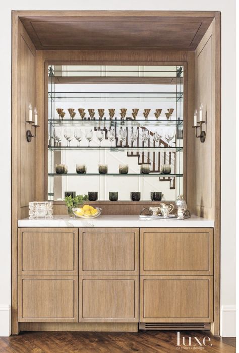 wet bar Contemporary Hallway, Floating Glass Shelves, Bar Inspiration, Built In Bar, Bar Cart Decor, Bar Interior, Luxe Interiors, Basement Bar, Bar Areas