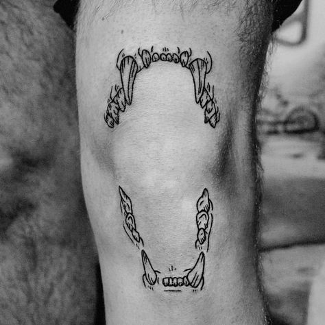 To be finished tomorrow ❤ Lion teeth #handpoked with love on @vandaluigi 's knee 🌚 Lion Jaws Tattoo, Lion Teeth Tattoo, Teeth Around Elbow Tattoo, Knee Teeth Tattoo, Animal Jaw Tattoo Knee, Teeth On Knee Tattoo, Cat Jaw Bone Tattoo, Human Teeth Tattoo, Canine Teeth Tattoo