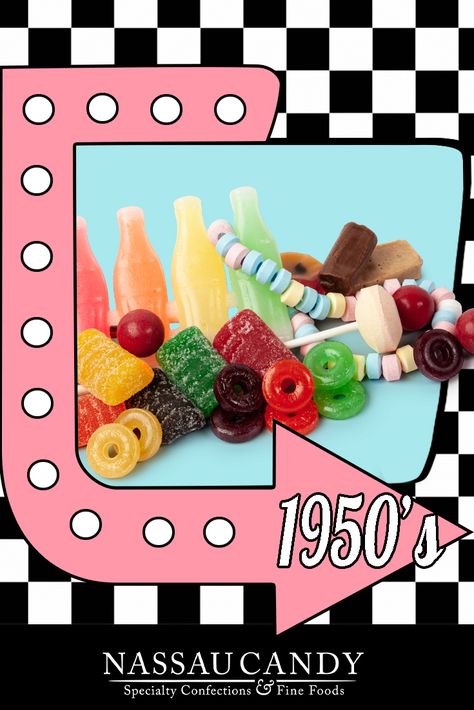 Take a tasty trip back in time to the 1950’s with Nancy Adams 1950’s Decades candy gift box. All the candy the cool cats had to have like candy necklaces, Chuckles, smarties and more in one gift set. You'll be made in the shade when you give 1950's candy decades boxes as party favors, wedding favors, birthday favors, or candy gifts. Nassau Candy is THE destination for retro candy from the 1950’s to today. Better burn rubber and check it out. 1950s Candy, Movie Candy, 70 Birthday, Popular Candy, Penny Candy, Nostalgic Candy, Party Favors Wedding, Old Fashioned Candy, Retro Candy