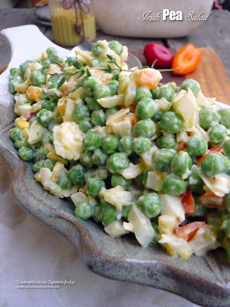 Irish Pea Salad | Sumptuous Spoonfuls Irish Cheese, Picnic Salad, Mayo Dressing, Mini Sweet Peppers, Hard Cooked Eggs, Sweet Peppers, Pea Salad, Earthy Green, Summer Dishes