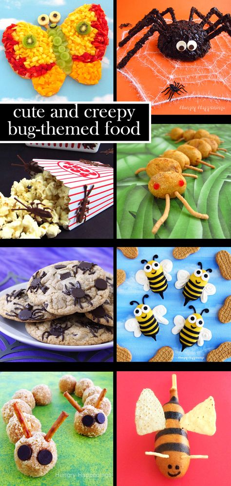 cute and creepy bug-themed food Minibeast Food Ideas, Edible Bug Crafts, Bug Shaped Snacks, Insect Food Ideas For Kids, A Bugs Life Food Ideas, Insect Snacks For Kids, Bug Party Food Ideas, Bug Theme Birthday Cake, Insect Themed Snacks