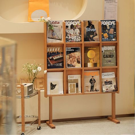 Magazine Stand, Wash And Fold, Cute Furniture, Wood Magazine, Shelving Design, Shelf Bookcase, Work Room, Reception Area, Reception Areas