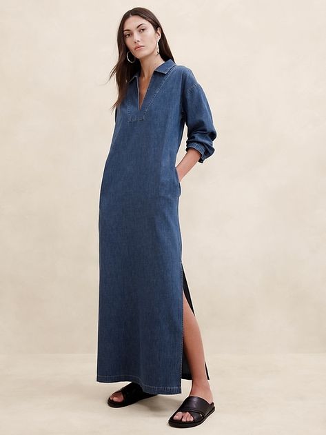 Long Denim Dress Outfit Ideas, Long Denim Dress Outfit, Demin Dress Outfit, Chambray Dress Outfit, Denim Dress Outfit, Long Denim Dress, Animal Print Maxi Dresses, Flounce Hem Dress, Mommy Gift