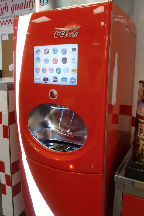 This is the future of soda machine. Five guys near my house has touch screen soda machine. I can pick different types of soda and flavors in a single dispenser. Soda Machine In House, Diner Seating, Soda Fountain Machine, Nicole Martin, Den Inspiration, Samantha Nicole, Soda Dispenser, Burger Stand, Soda Machine