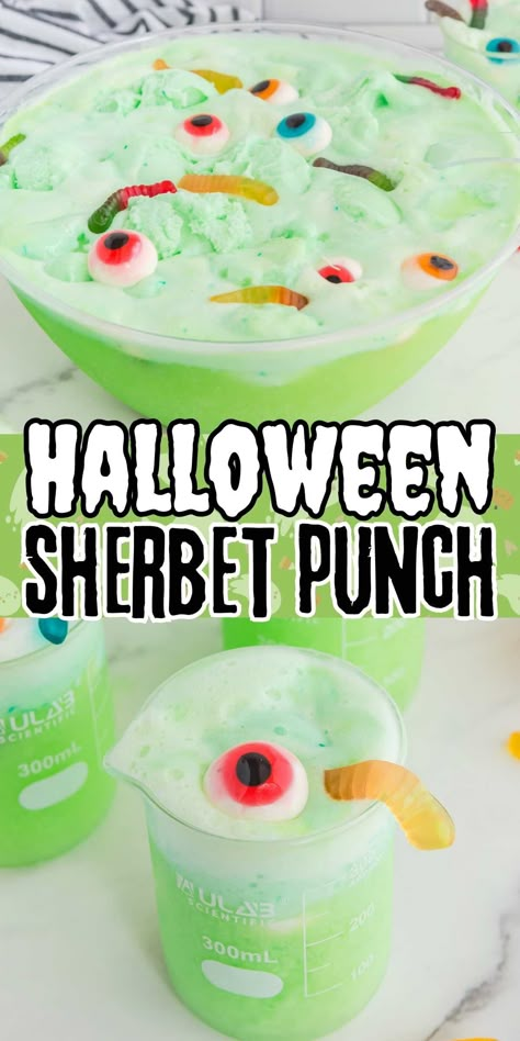 Halloween Sherbet Punch is a 4 ingredient, easy-to-make, lemon-lime juice drink filled with floating frothy sherbet, spooky eyeballs, and slimy worms. Halloween Inspired Drinks, Halloween Punch For Kids, Fun Halloween Drinks, Halloween Party Punch, Halloween Punch Recipes, Sherbet Punch, Halloween Ice Cream, Kids Punch, Halloween Punch