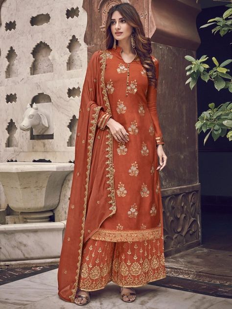 Orange Jacquard Partywear Straight Kurta with Palazzo - inddus-us Designer Palazzo, Palazzo Dress, Rust Color Dress, Indian Wedding Lehenga, Palazzo Suit, Silk Bottoms, Chiffon Fashion, Indian Suits, Designer Dresses Indian