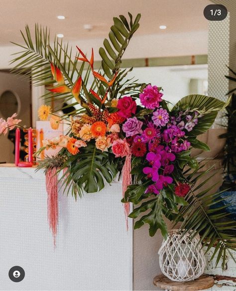 Tropical Themed Retirement Party, Neon Tropical Wedding, Tropical Bar Arrangement, Tropical Colors Wedding, Tropical Wedding Arrangements, Tropical Florals Wedding, Tropical Table Scape, Jungle Floral Arrangements, Tropical Floral Installation