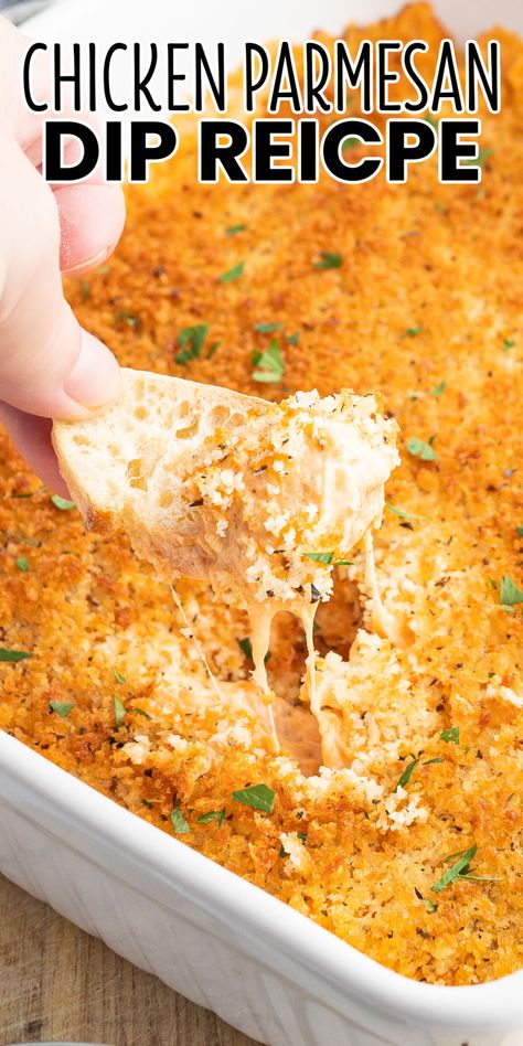 Chicken Parmesan Dip turns the Italian flavors you love into a cheesy dip that's to die for! It's a great addition to any get-together! #BreadBoozeBacon #chickenparmesan #chicken #dip #mozzarella #creamcheese #parmesan #pastasauce #breadcrumbs #appetizer #gameday #partyfood #superbowl #potluck Easy Chicken Dips, Chicken Parmesan Dip, Cream Cheese Chicken Dip, Chicken Appetizers Easy, Appetizer Dips Hot, Bbq Chicken Dip, Crockpot Chicken Parmesan, Healthy Dip Recipes, Parmesan Dip