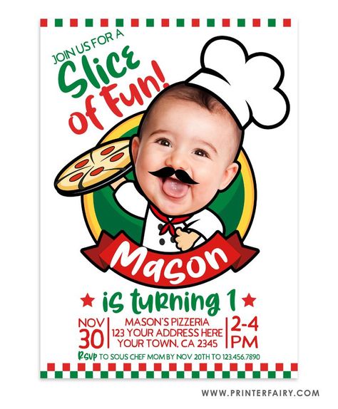 Pizza Birthday Party with Photo | PrinterFairy Pizza Party Birthday Invitations, Pizza Party Themes, Pizza Party Birthday, Birthday Pizza, Pizza Party Invitations, Pizza Birthday, Fiesta Birthday Invitations, Invitation With Photo, First Birthday Party Themes