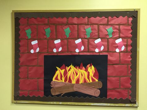 Fireplace bulletin board RA by Melina DallaStella Weather Bulletin Board, Daycare Bulletin Boards, Boarders For Bulletin Boards, Infant Room Daycare, Hallway Bulletin Boards, December Bulletin Boards, Elementary Bulletin Boards, Christmas Bulletin Boards, Infant Classroom