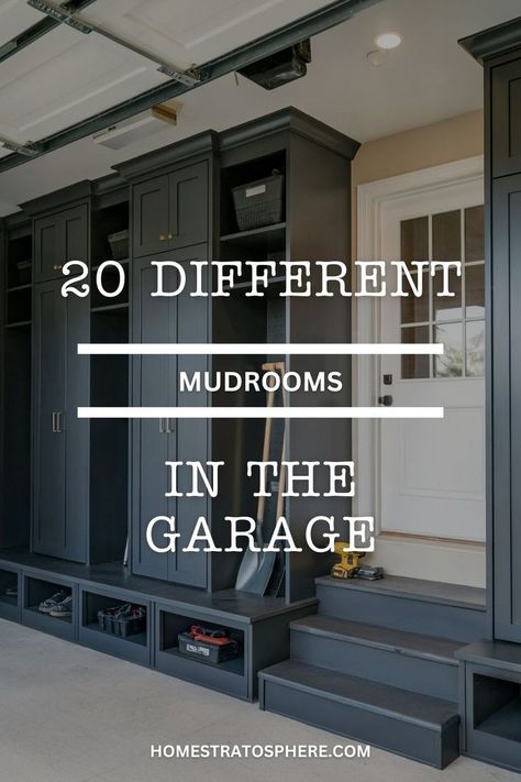 A sleek garage mudroom featuring dark cabinets with integrated storage and a built-in bench for easy organization. French Country Mudroom, Garage Mudroom Ideas, Garage Lockers, Mudroom Ideas Diy, Mudroom Laundry Room Ideas, Boot Room Utility, Mud Room Garage, Mudroom Cubbies, Functional Mudroom