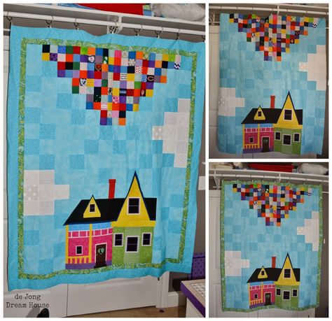 de Jong Dream House: Quilt #35: Wedding-Turned-Memorial UP quilt Disney Up House, Disney Blanket, Up Pixar, House Quilt Patterns, Disney Quilt, Story Love, Disney Up, Up Theme, Wedding Quilt