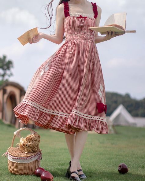 ☺️Elevate your summer wardrobe with our kawaii outfits. 😊Choose your favourite set and elevate your style today! 👉Search 'WAJK-248' on devilinspired.com #devilinspired #kawaiifashion #kawaiiaesthetic #kawaiiaesthetic #summerdresses #summeroutfit #kawaii Cottagecore Dress With Apron, Kawaii Dress Pattern, Cute Dresses Vintage, Red Cottagecore Outfit, Picnic Outfits Aesthetic, Vestidos Aesthetic Vintage, Sweet Girl Outfits, Picnic Dress To Impress, Nature Outfits Aesthetic