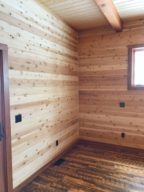 Vertical Pine Shiplap Wall, Hickory Wall Paneling, Cedar Siding Interior Walls, Natural Tongue And Groove Walls, Cedar Feature Wall, Wooden Interior Walls, Tongue And Groove Walls Rustic, Flooring With Cedar Walls, Cedar Room Ideas