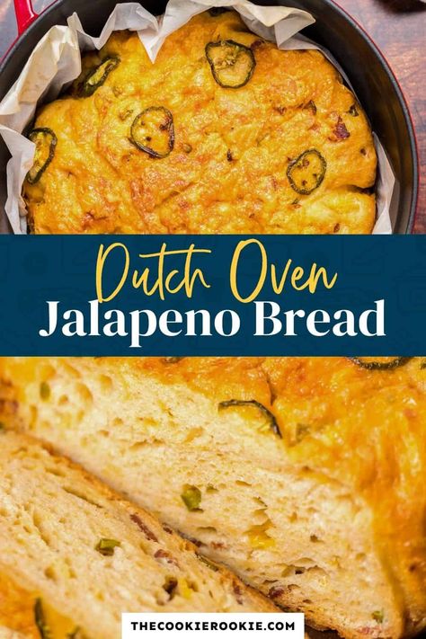 Made from scratch, this jalapeno bread is cooked in the Dutch oven for one delicious bite. Made with cheese, bacon and jalapenos, this savory bread is the real deal! No Knead Bread Dutch Oven, Foolproof Bread Recipe, Bread Dutch Oven, Jalapeño Bread, Quick Dinner Rolls, Cheddar Bread, Oven Bread, Dutch Oven Bread, Bread Tin