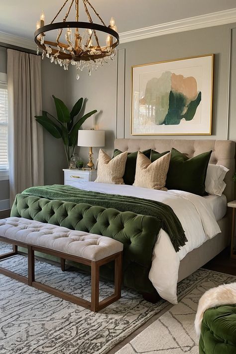 Couple Bedroom Ideas Green, Green Beige Black Bedroom, Sage Green Gray And Beige Bedroom, Sage Green Black And Beige Bedroom, Grey Headboard Green Bedding, Neutral With Green Bedroom, Green Gold Black Cream Bedroom, Black White Cream Green Bedroom, Green And Brown Bedroom Decor