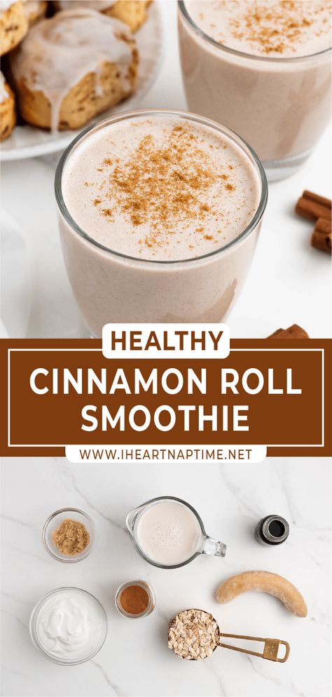 Incredibly healthy and delicious, this quick cinnamon roll breakfast smoothie is the perfect breakfast to start off the day! Cinnamon Bun Smoothie, Cinnamon Roll Smoothie, Breakfast Shakes Healthy, Cinnamon Roll Breakfast, Healthy Cinnamon Rolls, Cinnamon Smoothie, Cinnamon Breakfast, Breakfast Shakes, Protein Smoothie Recipes