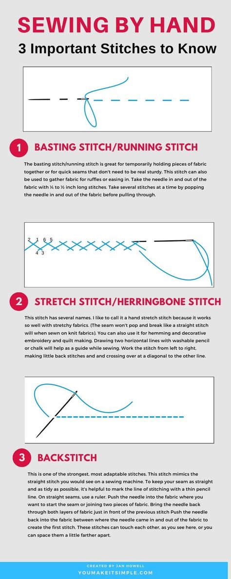 SEWING BY HAND | Most Important Stitches to Know - You Make it Simple Hand Sewing Stitches, Sewing Stitches By Hand, Sewing By Hand, Hand Stitching Techniques, Hand Sewing Projects, Stitching Techniques, Sewing Stitches, Sewing Design, Diy Sewing Clothes