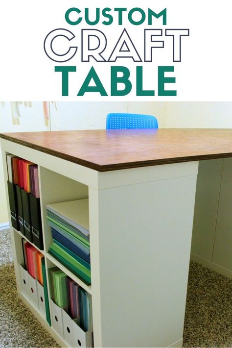 How to make a custom craft table using Ikea Kallax shelves and a tabletop. This is a DIY table that you can make for your craft room. An easy DIY craft tutorial idea. #thecraftyblogstalker #crafttable #customfurniture #diy Craft Tables With Storage, Hobby Table, Craft Room Tables, Ikea Kallax Shelf, Ikea Craft Room, Ikea Crafts, Ikea Kallax Regal, Craft Table Diy, Kallax Shelf