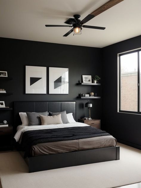 Bedroom Ideas Male, Bedroom Male, Modern Masculine Bedroom, Black Platform Bed, Male Bedroom, Male Bedroom Ideas, Black Walls Bedroom, Aesthetic Bedrooms, Mens Bedroom Decor