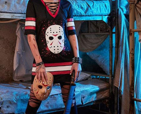 Straight from Camp Crystal Lake comes this officially licensed Jason Voorhees Hockey Dress. Wear this black and red dress, adorned with Jason’s famous hockey mask and “Voorhees” print on the back, and you’ll be ready to slash into any Halloween bash! Jason Voorhees Halloween Costume, Slash Costume, Jason Halloween Costume, Jason Voorhees Costume, Halloween Costumes Women Scary, Home Halloween Costumes, Eve Costume, Black And Red Dress, Camp Crystal Lake