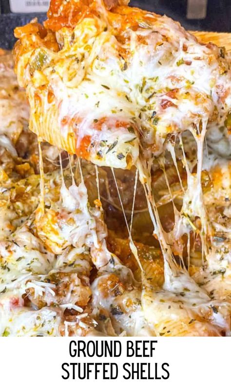 This ground beef stuffed shells recipe is a hearty meal of flavorful ground beef, tasty tomato sauce, and three cheeses. Stuffed jumbo shells topped with mozzarella are baked to bubbly perfection in just 30 minutes for a quick and easy weeknight dinner. #stuffedshellsrecipe #groundbeefrecipes #pasta #dinnerideas Stuffed Jumbo Shells Recipe Ground Beef, Ground Beef Stuffed Shells, Beef Stuffed Shells, Stuffed Jumbo Shells, Jumbo Shell Recipes, Stuffed Shells Beef, Ground Beef And Spinach, Stuffed Shells With Meat, Easy Stuffed Shells