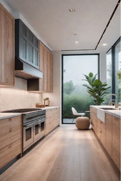 Galley kitchen with light wood cabinets Modern Kitchen High Ceiling, Light Filled Kitchen, Kitchen Floors 2024, Concrete Wood Kitchen, High Ceiling Kitchen Cabinets, Minimalist Galley Kitchen, Modern White Oak Kitchen, Kitchen Aesthetic Minimalist, Small Nyc Kitchen