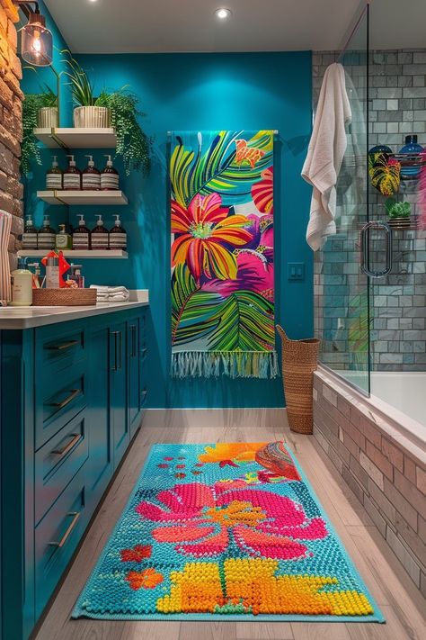 Vibrant Decor Interiors, Boho Colorful Bathroom, Bright Colorful Bathroom Ideas, Bright Color Interior Design, Turquoise Bathroom Ideas, Magenta Bathroom, Colorful Coastal Decor, Bright Bathroom Ideas, Bright Bathroom Decor