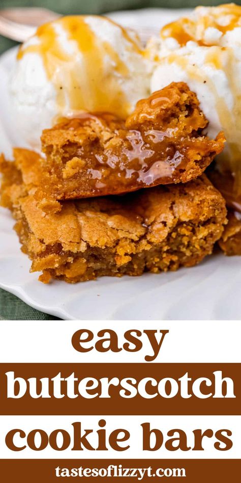 You just need 10 minutes to whip up these easy butterscotch cookie bars loaded with brown sugar and butterscotch chips. Best served with ice cream! Recipes With Butterscotch Chips, Butterscotch Cookie Bars, Butterscotch Desserts, Butterscotch Brownies, Butterscotch Recipes, Butterscotch Bars, Butterscotch Cookies, Sugar Free Cookies, Dessert Bar Recipe