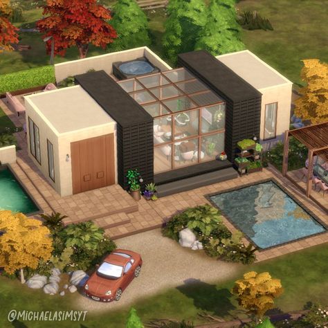 Moonwood Modern Home 🪴 A fairly small home for up to two sims with a modern cozy interior and plenty of outdoor hangout space! I went for a dark wood and purple color scheme on the inside which I also mirrored on the outside. No CC and Maxis Match the sims 4 house exterior || the sims 4 exterior || the sims 4 house || the sims 4 house ideas || sims 4 houses || sims 4 house plans #thesims4 #simshouse #simsbuild #showusyourbuilds #sims4maxismatch #sims4housebuild #simshome #dreamhouse #sims Sims 4 Exterior, Sims 4 House Ideas, Outdoor Hangout, Sims 4 Modern House, Sims 2 House, Hangout Space, Die Sims 4, Sims 4 Speed Build, Sims 4 House Plans