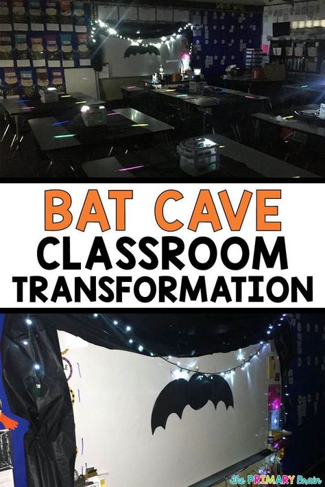 Bat Cave Classroom Transformation - Easy and Inexpensive to pull off! Read about how I transformed my classroom on my blog theprimarybrain.com #bats #halloween #classroom #classroomtransformation Cave Classroom, Crazy School Day, Bats Unit, Treats To Share, October Classroom, October School, Colorful Classroom, Miss Kindergarten, Halloween Kindergarten