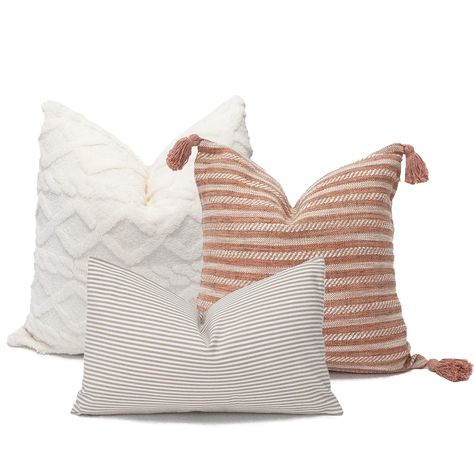 PRICES MAY VARY. 90%polyester,10% Cotton PILLOWCASE 3PCS SET, INCLUDE：
 （1）Creamy Beige Plush with BOHO Style Pattern Pillow Cover：
 20” x 20” 
 100% Polyester Fabric
 Hidden Zipper
 
 （2） Neutral Textured Fabric With Tassels Element Pillow Cover：
 18” x 18”
 90% Polyester & Cotton Fabric
 Hidden Zipper
 
 （3）Light Brown & White Stripe Pattern Lumbar Pillow Cover：
 12” x 20” 
 100% Polyester Fabric
 Hidden Zipper
 
 STYLE:
 No matter what your style is - modern, boho, traditional or rustic - Our Throw Pillow Combinations Uk, Modern Scandinavian Throw Pillows, Tan Couch With Black And White Pillows, Beige Throw Pillow Covers, Grey Couch With Camel Pillows, Living Room Couch Pillows Modern, Farmhouse Bedroom Pillows, Grey Sofa Cream Pillows, Couch Pillows Brown