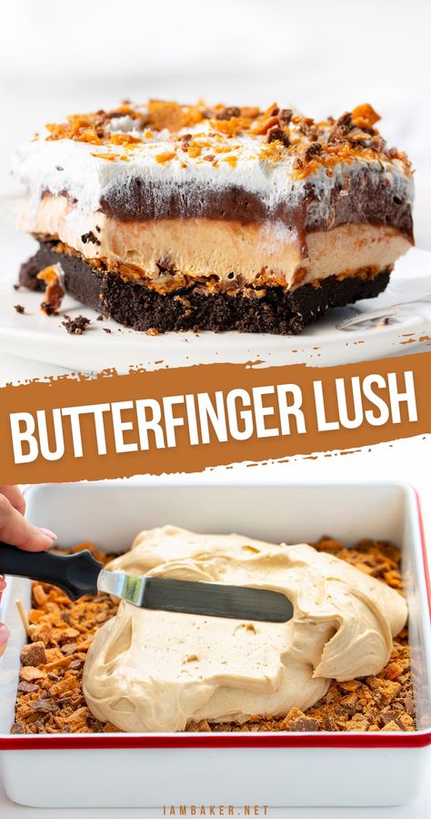 A piece of butterfinger lush with a bite cut out so you can se the layers in the dessert, and a baking dish with the cream cheese layer being spread out with an offset spatula. Butterfinger Pudding Dessert, Butterfinger Lasagna Dessert, Pudding Torte Recipes, Butterfinger Fluff Dessert, Butter Finger Pie No Bake, Easy Butterfinger Desserts, Butterfinger Torte, Butterfinger Lush Dessert, Lush Cakes Dessert Recipes