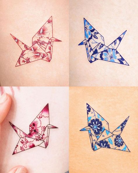 Japanese Origami Crane Tattoo, Japanese Origami Tattoo, Origami Bird Tattoo, Greek Tattoo Ideas For Women, Japanese Minimalist Tattoo, Outside Wrist Tattoos For Women, Minimalist Japanese Tattoo, Origami Tattoo Ideas, Little Wrist Tattoos