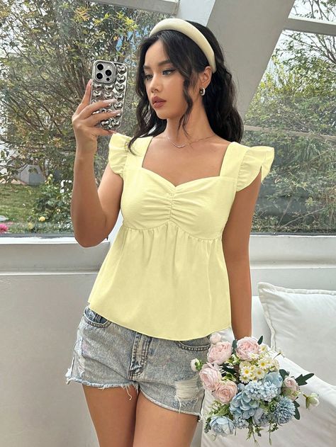 Women's Solid Simple Textured Cap Sleeve Babydoll Top Yellow Casual  Cap Sleeve Woven Fabric Plain Peplum Non-Stretch  Women Clothing, size features are:Bust: ,Length: ,Sleeve Length: Pastel Yellow Top Outfit, Babydoll Tops Outfit, Yellow Pastel Outfit, Summer Tops Modest, Baby Doll Top Outfit, Peplum Top Outfits Casual, Babydoll Top Outfit, Baby Doll Tops, Babydoll Outfit