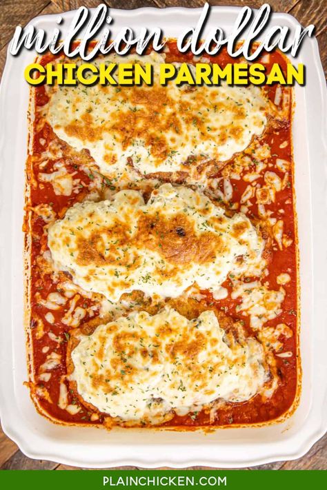 Million Dollar Chicken Parmesan - the ultimate chicken parmesan! Crispy chicken topped with a creamy cheese mixture and baked in marinara sauce. Serve the chicken over pasta for a meal that is better than any restaurant. Spaghetti sauce, flour, eggs, panko, Italian bread crumbs, parmesan, garlic salt, chicken, cottage cheese, cream cheese, pesto, sour cream, mozzarella. All you need is a salad and some garlic bread for a meal the whole family will enjoy. Baked Italian Chicken Smothered In Parmesan Sour Cream, Cottage Cheese Chicken Parm, Chicken Over Pasta, Cottage Cheese Cream Cheese, Chicken Cottage Cheese, Chicken Parma, Plain Chicken Recipe, Italian Chicken Dishes, Italian Bread Crumbs